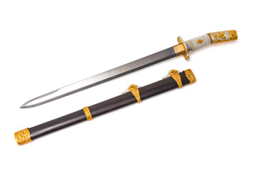 Chinese sword steel fitting and   scabbard on white background.