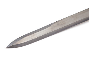 Damascus blade, pattern on the surface is caused by multiple folds of steel. Isolated in white background.