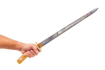 Sword on hand. Isolated in white background