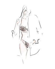 Young beautiful woman in lace lingerie and shirt. Hand-drawn illustration. Vector