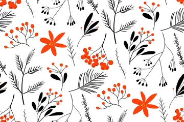 Behang Zwartrode winterbessen. Hand getekend bloemen naadloos vectorpatroon. Nieuwjaar naadloos patroon met takken, bessen en bloemen. Kan worden gebruikt voor wintervakantie-uitnodigingen, wenskaarten, afdrukken. © nadia1992