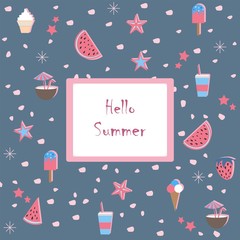 Hello Summer. Summer Seamless Pattern with watermelons and strawberry