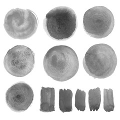 Set of gray watercolor stains and lines of different shades and sizes. Elements isolated on white background.