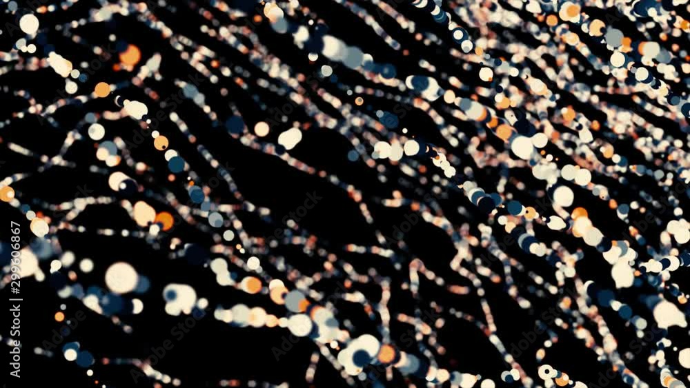 Poster endless amount of bokeh rows flowing chaotically on black background, seamless loop. animation. beau