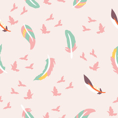 Pastel feathers and birds in a seamless pattern design