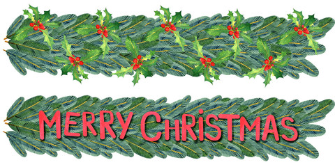 Naklejka na ściany i meble Watercolor Merry Christmas floral banner. Hand painted christmas tree garland with decoration: gift boxen, red ball, christmas tree. Isolated on white background. Holiday clip art.