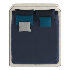 Bed with a blue blanket and pillows on an isolated background. 3d rendering