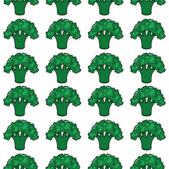 Broccoli on White Background Flat Cartoon Style Vector Seamless Pattern.