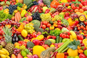 Bright background for backdrop healthy fruits and vegetables.