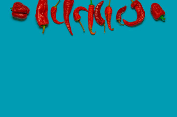 Dried red chili peppers lie on a multi-colored background