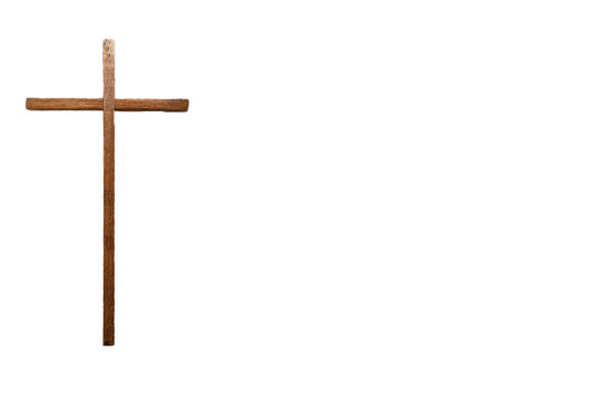 Wooden cross Jesus christ religious and spiritual background concept isolated on white, space for text