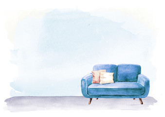 Fototapeta na wymiar Empty interior design with copy space. Sofa and lamp, blank wall. Watercolor hand drawn illustration, isolated on white background