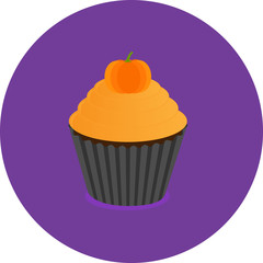 This is illustration in flat style. Cupcake with pumpkin. Could be used for flyers, postcards, banners, holidays decorations, etc.