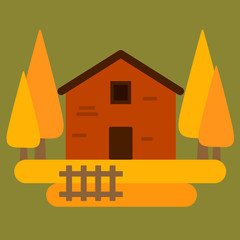 illustration. House with trees on green background. Flat style illustration. Could be used for autumn holidays, postcards, banners, flyers decorations.