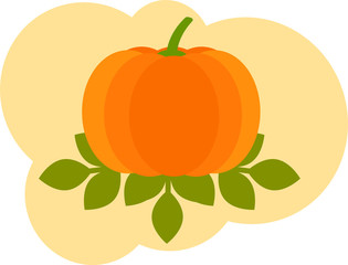 illustration in flat style. Pumpkin and green leaves. Could be used for flyers, postcards, banners, holidays decorations, etc.