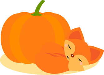 This is illustration. Cute fox, pumpkin and sunflower. Fox flat style.
