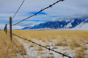 CLOSE UP: Detailed view of sharp barbed wires outlining a ranch under Rockies