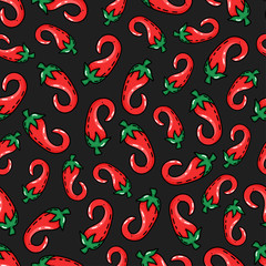 Chili peppers seamless pattern. On a black background. Wallpaper.