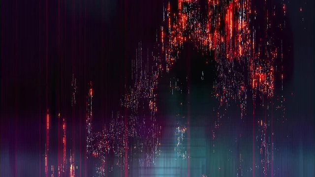 conceptual animation of distorted digital transmission with unique colorful scramble glitch noise effects. visualization of binary pixelated block code transmission with an alien strange trippy look