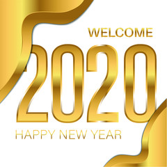 Happy new year 2020 text and number. text gold 2020 Happy new year with liquid shape. Gold Festive celebration Numbers Design. Happy New Year template for poster or banner with 2020 year Numbers