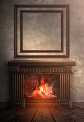 Obraz premium Dark room with a classic interior. Wall with a big clock. Wooden fireplace, a fire burns. Night view of the room. Christmas and New Year. 3D illustration.