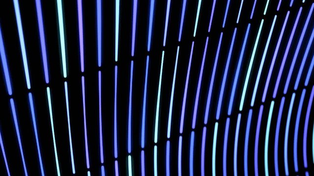 Futuristic technological concept, abstract wavy net of horizontal blue lines flowing on black background, seamless loop. Animation. Wavy texture of parallel stripes.
