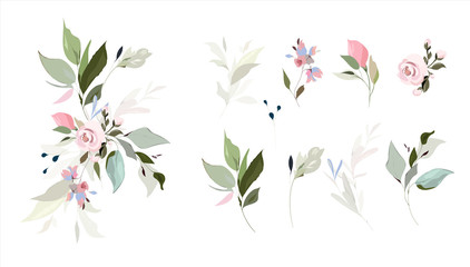 Set of floral branch. Flower pink rose, green leaves. Wedding concept with flowers. Floral poster, invite. Vector arrangements for greeting card or invitation design