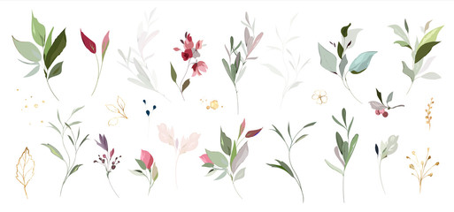 Set of floral elements. Flower and green leaves. Wedding concept - flowers. Floral poster, invite. Vector arrangements for greeting card or invitation design