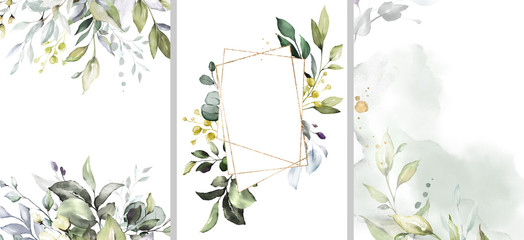 Ready to use Card. Herbal Watercolor invitation design with leaves. flower and watercolor background. floral elements, botanic watercolor illustration. Template for wedding.   frame © lisima