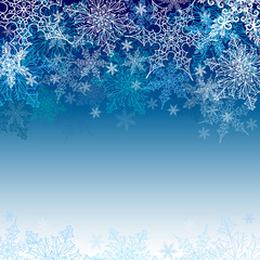  Snowflakes. Greeting card with a snowy pattern. Multicolored, graphic, vector snowflakes on a blue background.