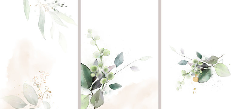 Ready to use Card. Herbal Watercolor invitation design with leaves. watercolor background. floral elements, botanic watercolor illustration. Template for wedding.   frame