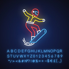 Snowboarding neon light icon. Winter extreme sport, risky activity and adventure. Cold season outdoor dangerous leisure and hobby. Snowboarder. Glowing sign with alphabet. Vector isolated illustration
