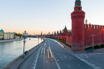 View on the corner tower of kremlin and street in moscow russia