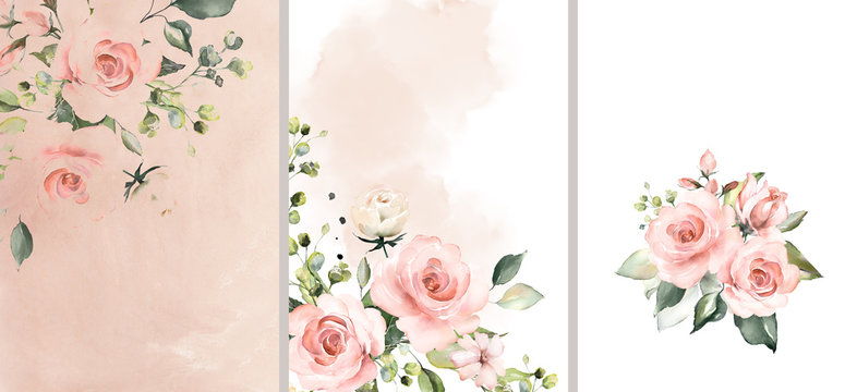 Ready to use Card. Herbal Watercolor invitation design with leaves. watercolor background. floral elements, botanic watercolor illustration. Template for wedding.   frame