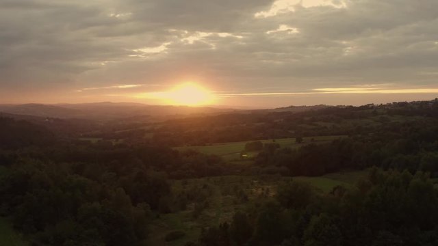 Lesser Poland Sunset Scenery Aerial Footage. Malopolska Region.