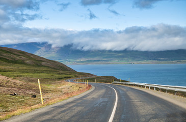 Beautiful road around a fjord near Akureyri, Iceland