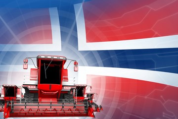 Naklejka premium Digital industrial 3D illustration of red modern grain combine harvesters on Norway flag, farming equipment modernisation concept