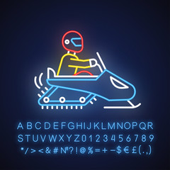 Snowmobiling neon light icon. Winter extreme sport, risky activity and adventure. Snowmobile driving on snow covered surface. Glowing sign with alphabet. Vector isolated illustration