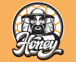 Vector illustration with beekeeper and calligraphic inscription - Honey. Lettering