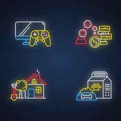 Fototapeta na wymiar E commerce departments neon light icons set. Online shopping categories. Pet supplies. Home and garden. Business and industrial. Video games and consoles. Glowing signs. Vector isolated illustrations
