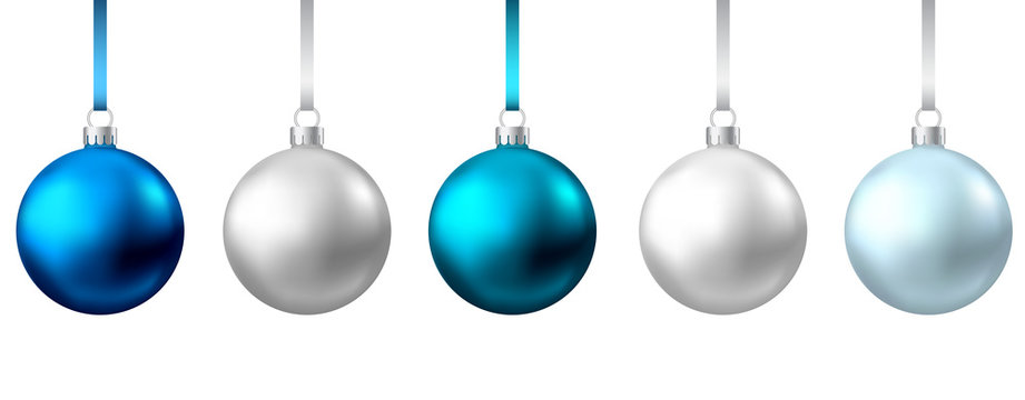 Realistic  blue, silver  Christmas  balls  isolated on white background.