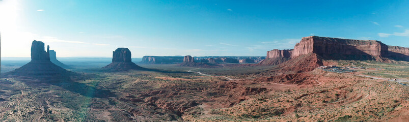 Aerial panoramic view of Monument Valley scenario at sunrise