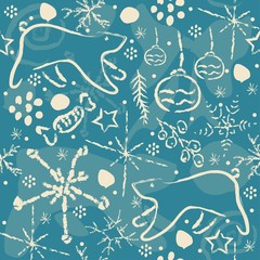 Winter Seamless Pattern with snowflakes and spruce branches.