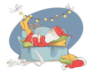 Fototapeta premium Christmas wishes. Santa reading a letter. Santa Claus on the couch in pajamas with cats