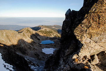 Panoramic view of frozen lakes on Rila mountain, Bulgaria