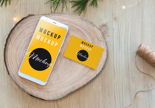 Smartphone and Business Card on Cut Wood Mockup