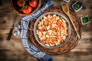 Fried chicken pieces with vegetables.