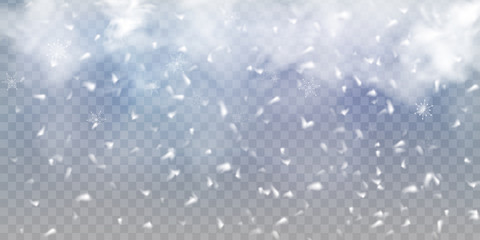 Falling Christmas Shining snow, fog and wind isolated on transparent background. heavy snowfall, snowflakes in different shapes and forms. Winter Holidays Storm with snowflakes flying in the air.