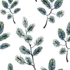 Watercolor seamless blue pattern of pine branch . Hand drawn illustration on the white background