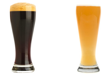Glasses with beer, dark beer and light beer on white background.